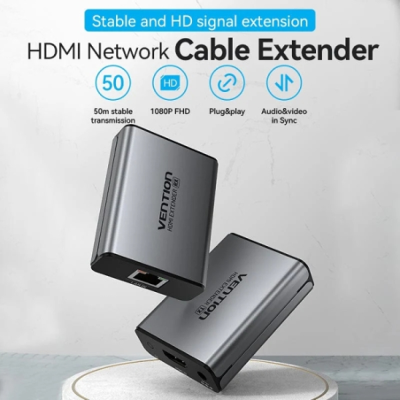 Répéteur HDMI Vention via câble réseau RJ45 - Portée jusqu'à 60 m - Full HD - Aluminium et ABS - Installation facile - Gris