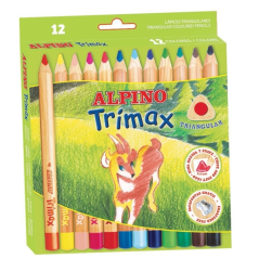 Alpino Trimax Lot de 12 crayons de couleur triangulaires épais + taille-crayon - Mine 5,4 mm - Résistant à l'eau - Plateau amovi