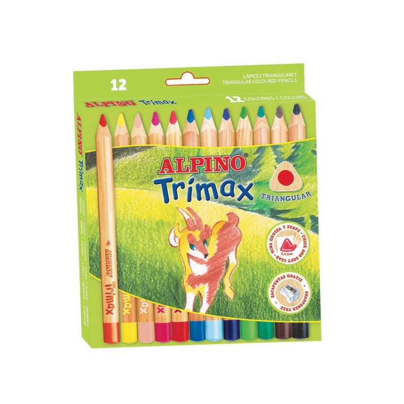 Alpino Trimax Lot de 12 crayons de couleur triangulaires épais + taille-crayon - Mine 5,4 mm - Résistant à l'eau - Plateau amovi