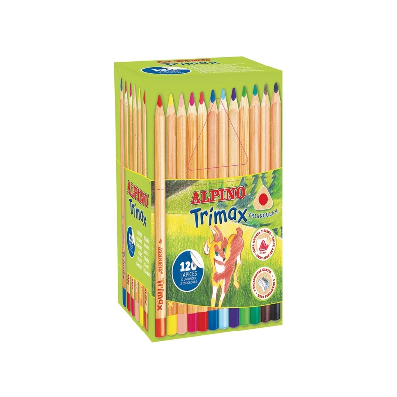 Alpino Trimax Pack économique de 120 crayons de couleur triangulaires épais + 2 taille-crayons - Mine 5,4 mm - Résistant à l'eau