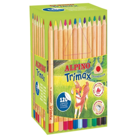 Alpino Trimax Pack économique de 120 crayons de couleur triangulaires épais + 2 taille-crayons - Mine 5,4 mm - Résistant à l'eau