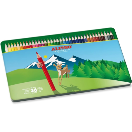 Boîte métallique Alpino avec 36 crayons de couleur hexagonaux - Mine de 3 mm - Résistants à la casse - Plateau amovible - Couleu