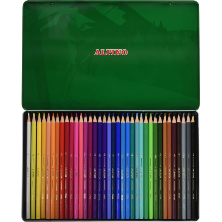 Boîte métallique Alpino avec 36 crayons de couleur hexagonaux - Mine de 3 mm - Résistants à la casse - Plateau amovible - Couleu