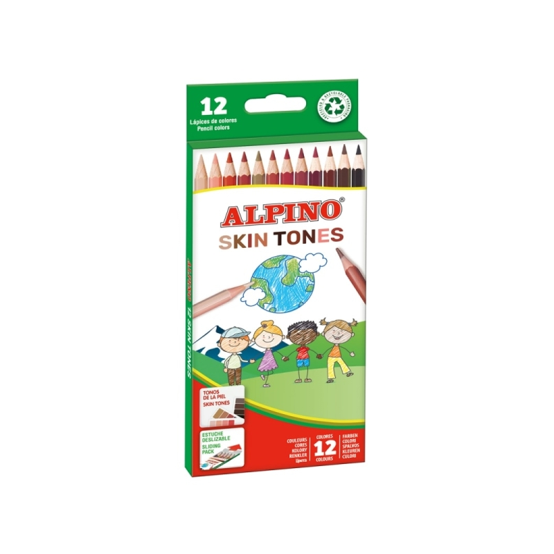 Lot de 12 crayons de couleur hexagonaux Alpino Skin Tones - Mine 3 mm - Incassables - Plateau amovible - Couleurs reproduisant d