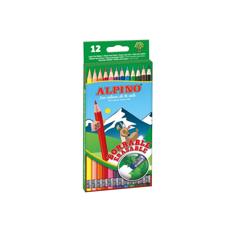 Lot Alpino de 12 crayons de couleur hexagonaux effaçables - Mine de 3 mm - Gomme assortie - Résistants à la casse - Couleurs ass