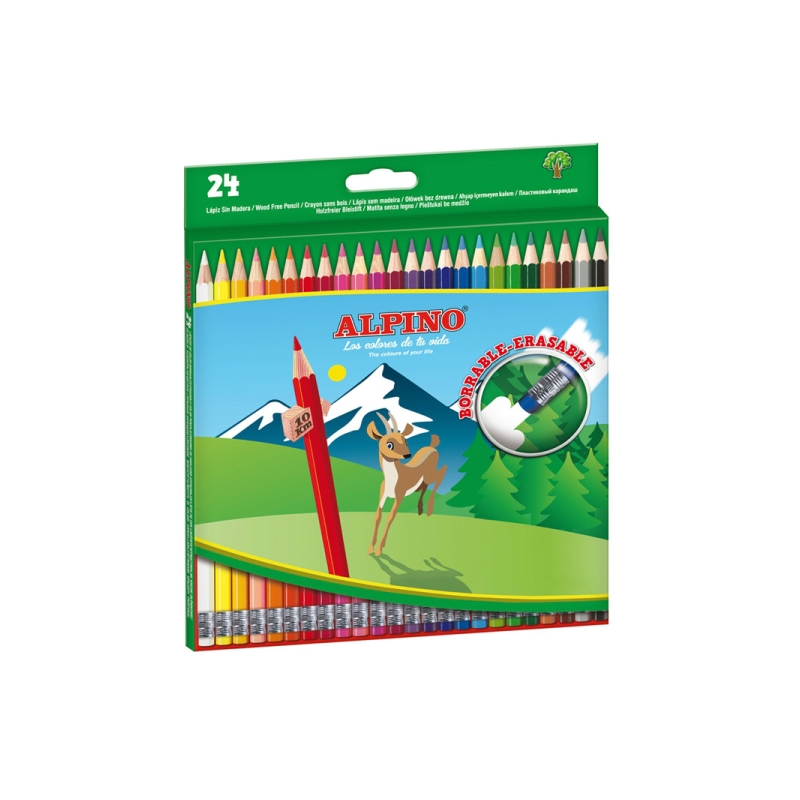 Lot Alpino de 24 crayons de couleur hexagonaux effaçables - Mine de 3 mm - Gomme assortie - Résistants à la casse - Couleurs ass