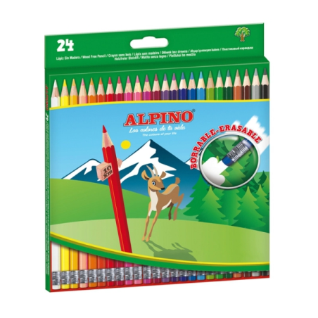 Lot Alpino de 24 crayons de couleur hexagonaux effaçables - Mine de 3 mm - Gomme assortie - Résistants à la casse - Couleurs ass