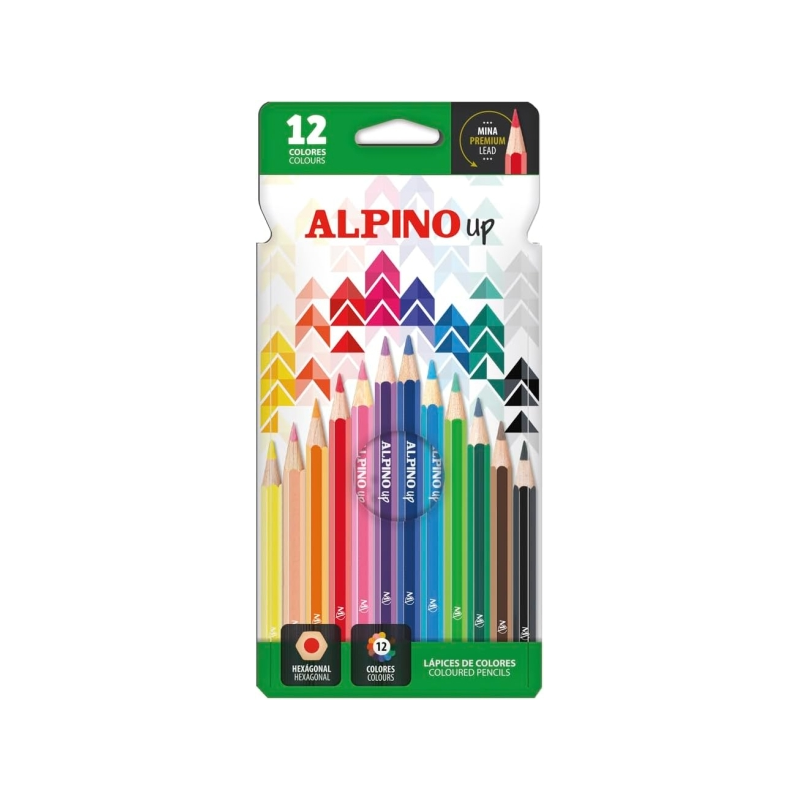 Coffret Alpino Up de 12 crayons de couleur hexagonaux - Mine de qualité supérieure - Résistants à la casse - Couleurs assorties