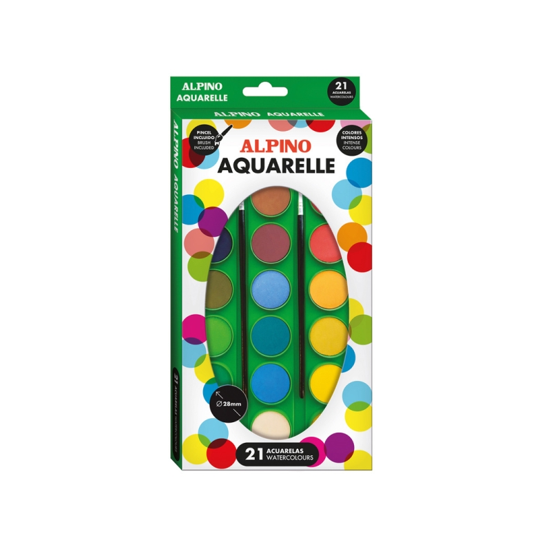 Alpino Coffret de 21 aquarelles + 2 pinceaux - Diamètre 28 mm - Couleurs assorties