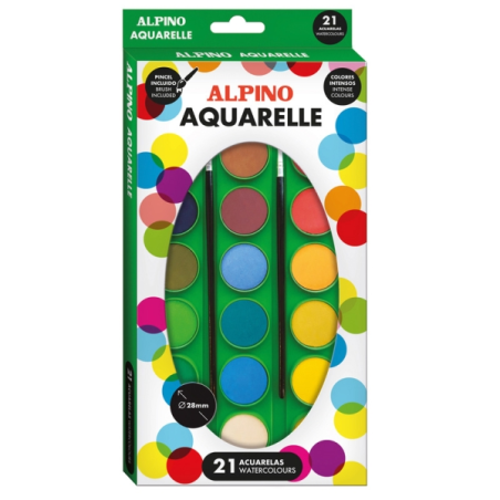 Alpino Coffret de 21 aquarelles + 2 pinceaux - Diamètre 28 mm - Couleurs assorties