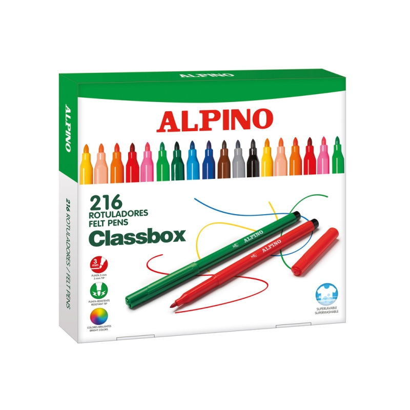 Pack économique Alpino de 216 feutres de couleur - Pointe de 3 mm - Lavables et aux couleurs vives - Usage scolaire - Développe