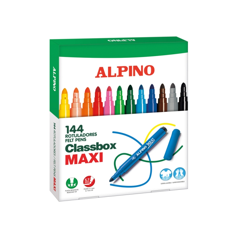Lot économique Alpino Maxi de 144 feutres épais - Pointe 6 mm - Lavables, résistants, longue durée et aux couleurs vives - Idéal
