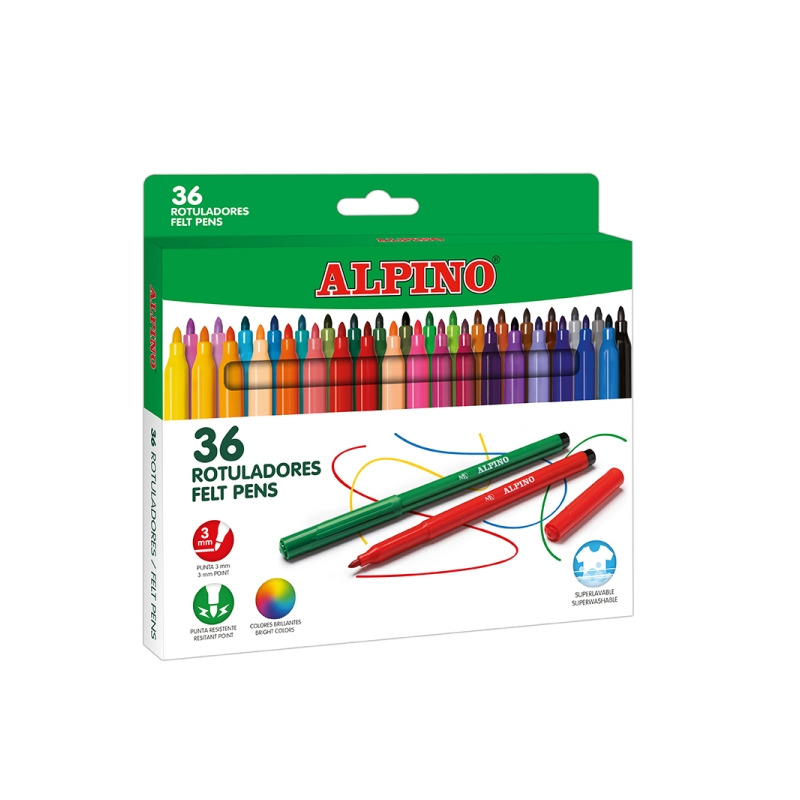 Lot Alpino de 36 feutres de couleur - Pointe 3 mm - Lavables et aux couleurs vives - Usage scolaire - Développe la créativité -