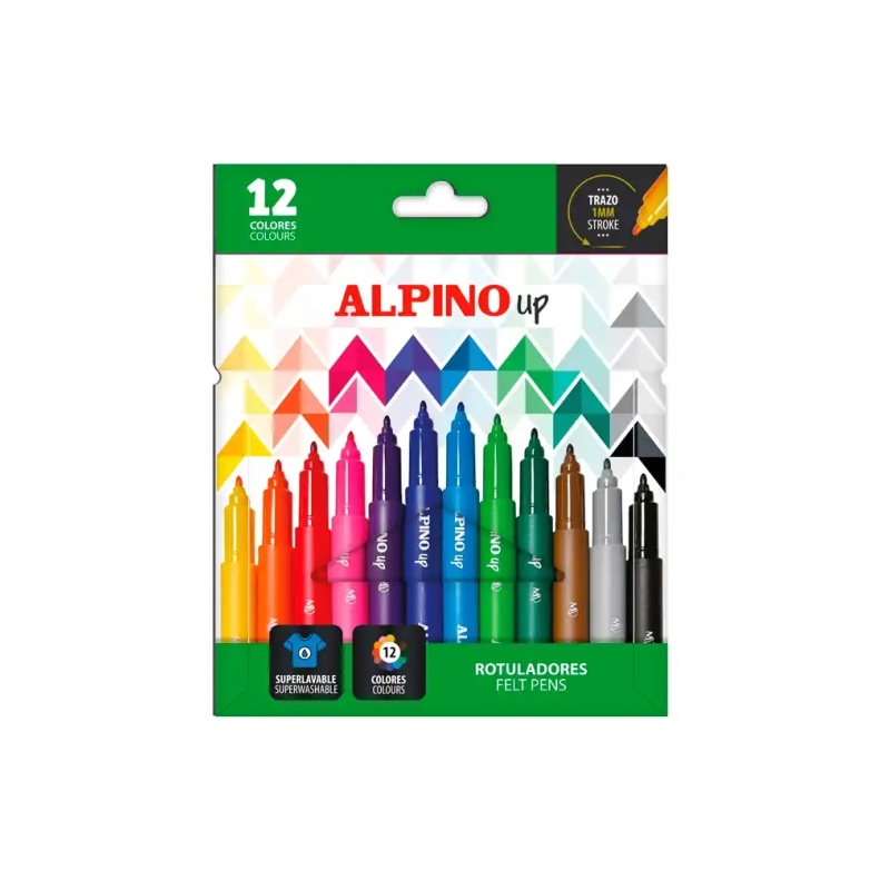Pack Alpino Up avec 12 feutres de couleur - Pointe 1 mm - Pour des traits fins et précis - Encre à base d'eau - Couleurs assorti
