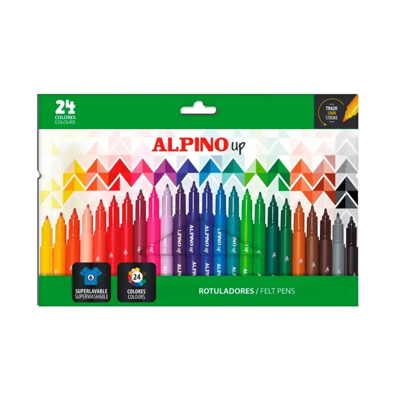 Pack Alpino Up avec 24 feutres de couleur - Pointe 1 mm - Pour des traits fins et précis - Encre à base d'eau - Couleurs assorti