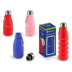 LOT de 6 Bouteille pliable en silicone Bismark 550 ml - Bouchon en acier inoxydable - Mousqueton - Rose, rouge et bleu