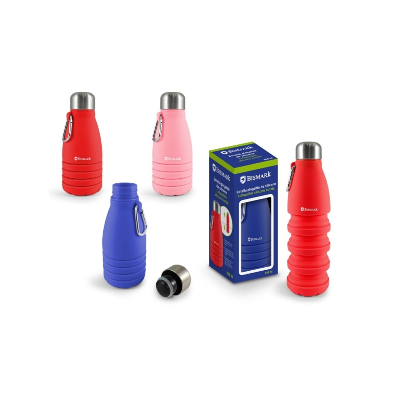 LOT de 6 Bouteille pliable en silicone Bismark 550 ml - Bouchon en acier inoxydable - Mousqueton - Rose, rouge et bleu