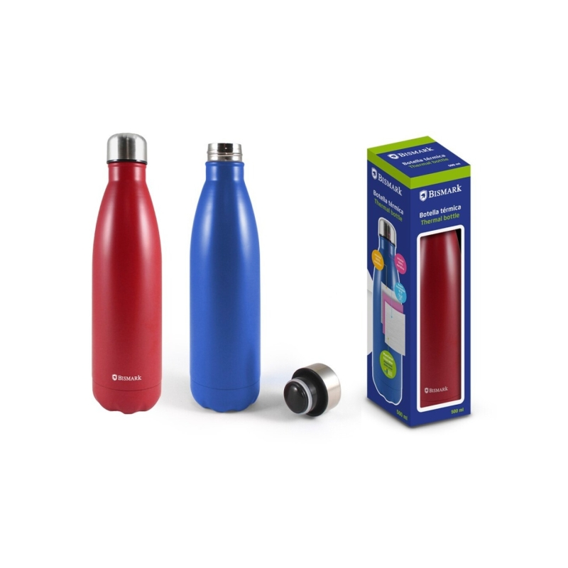 LOT de 6 Bouteille isotherme Bismark 500 ml - Double paroi isolante sous vide - Bouchon hermétique - Couleurs rouge et bleu