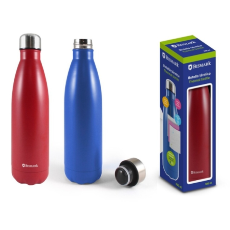 LOT de 6 Bouteille isotherme Bismark 500 ml - Double paroi isolante sous vide - Bouchon hermétique - Couleurs rouge et bleu