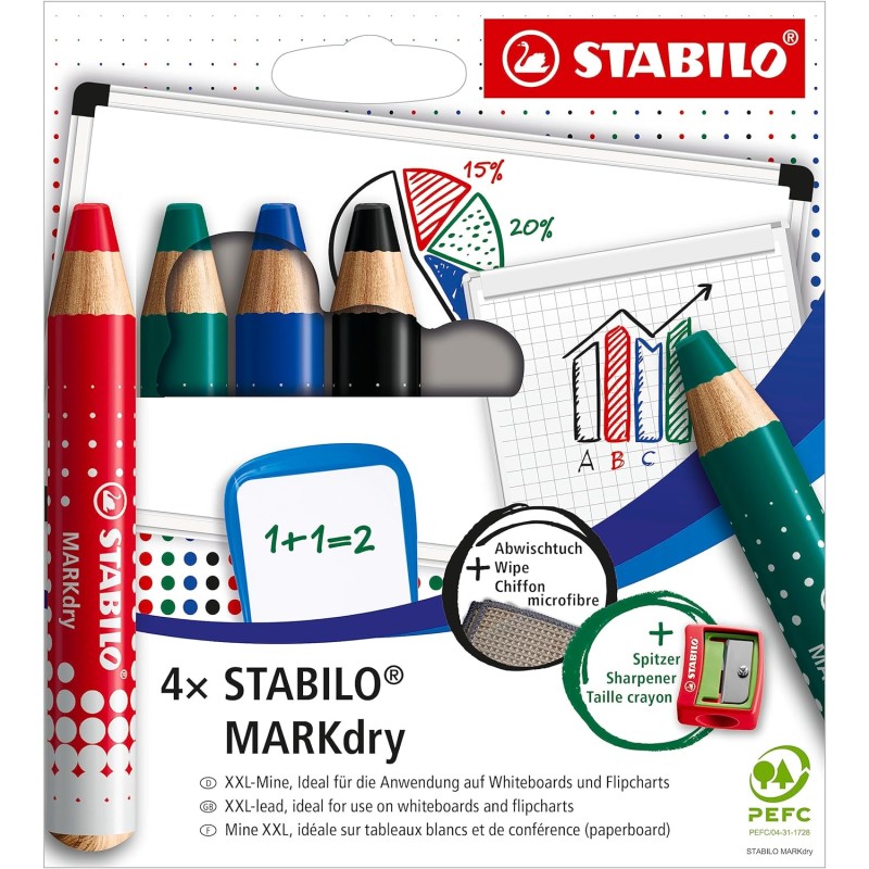Stabilo MARKdry 4 marqueurs tableau blanc XXL + taille-crayon