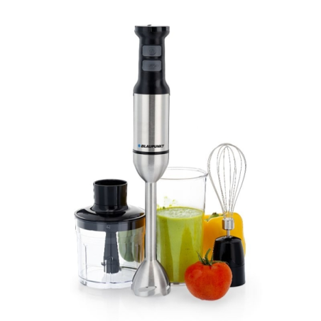 Mixeur plongeant Blaupunkt - Puissance 1500 W - Hachoir 500 ml - Bol 1 litre - Fouet - Lames en acier inoxydable - Mode turbo -
