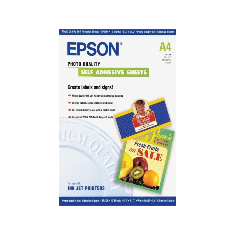 Epson Photo Quality Self Adhesive Pack de 10 Hojas Autoadhesivas - A4 - Gramaje de 167g/m2 - Calidad Fotografica - Mate - Compat