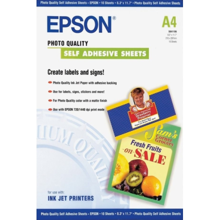 Epson Photo Quality Self Adhesive Pack de 10 Hojas Autoadhesivas - A4 - Gramaje de 167g/m2 - Calidad Fotografica - Mate - Compat