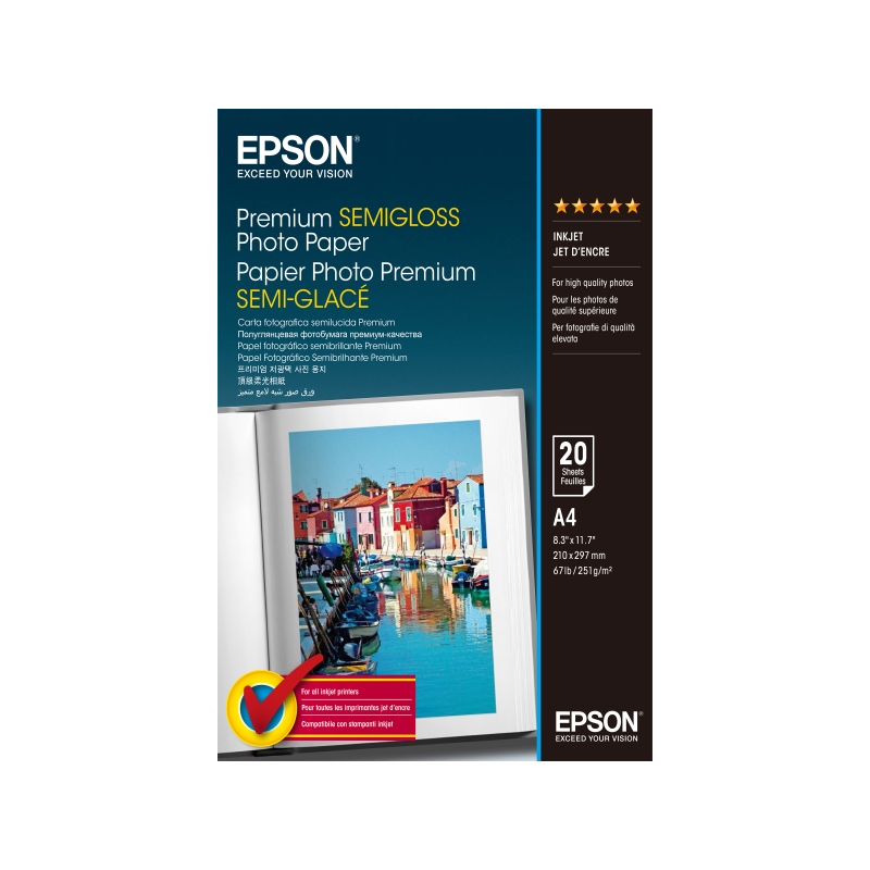 Epson Premium Semiglossy Photo Pack de 20 Hojas de Papel Fotografico - A4 - Gramaje de 251g/m2 - Acabado Semibrillante - Compati
