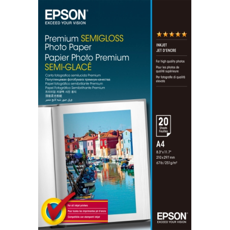 Epson Premium Semiglossy Photo Pack de 20 Hojas de Papel Fotografico - A4 - Gramaje de 251g/m2 - Acabado Semibrillante - Compati