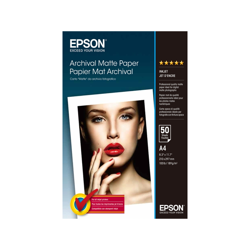 Epson Archival Matte Pack de 50 Hojas de Papel Fotografico - A4 - Gramaje de 192g/m2 - Acabado Mate - Compatible con Impresoras