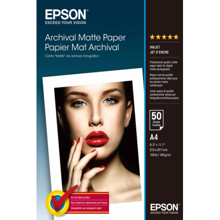 Epson Archival Matte Pack de 50 Hojas de Papel Fotografico - A4 - Gramaje de 192g/m2 - Acabado Mate - Compatible con Impresoras