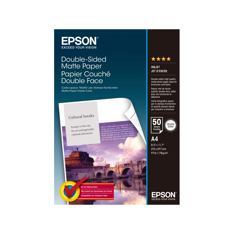 Epson Double-Sided Matte Pack de 50 Hojas de Papel - A4 - Gramaje de 178g/m2 - Mate - Especial para Impresion a Doble Cara - Com