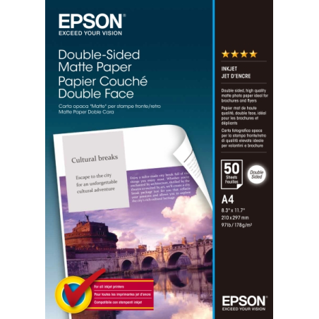Epson Double-Sided Matte Pack de 50 Hojas de Papel - A4 - Gramaje de 178g/m2 - Mate - Especial para Impresion a Doble Cara - Com