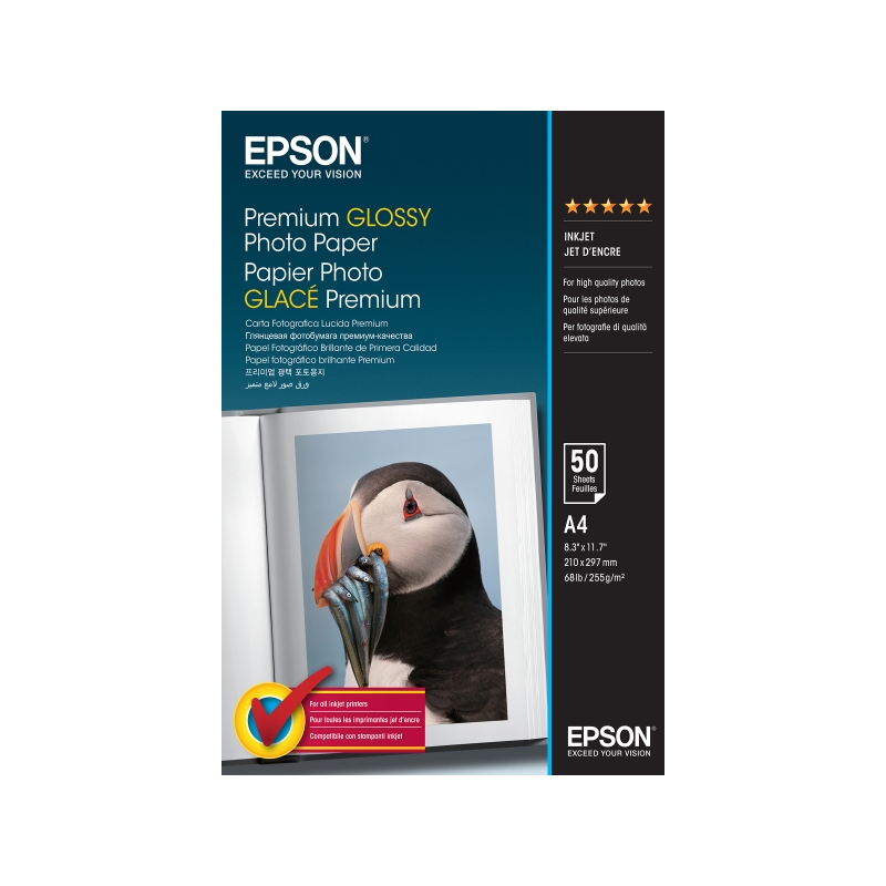 Epson Premium Glossy Photo Pack de 50 Hojas de Papel Fotografico - A4 - Gramaje de 255g/m2 - Acabado Brillante - Compatible con
