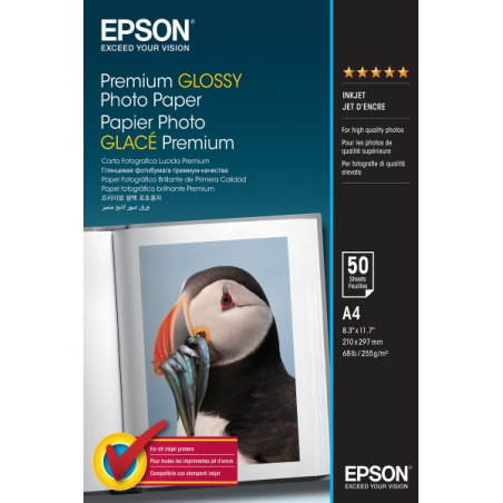 Epson Premium Glossy Photo Pack de 50 Hojas de Papel Fotografico - A4 - Gramaje de 255g/m2 - Acabado Brillante - Compatible con
