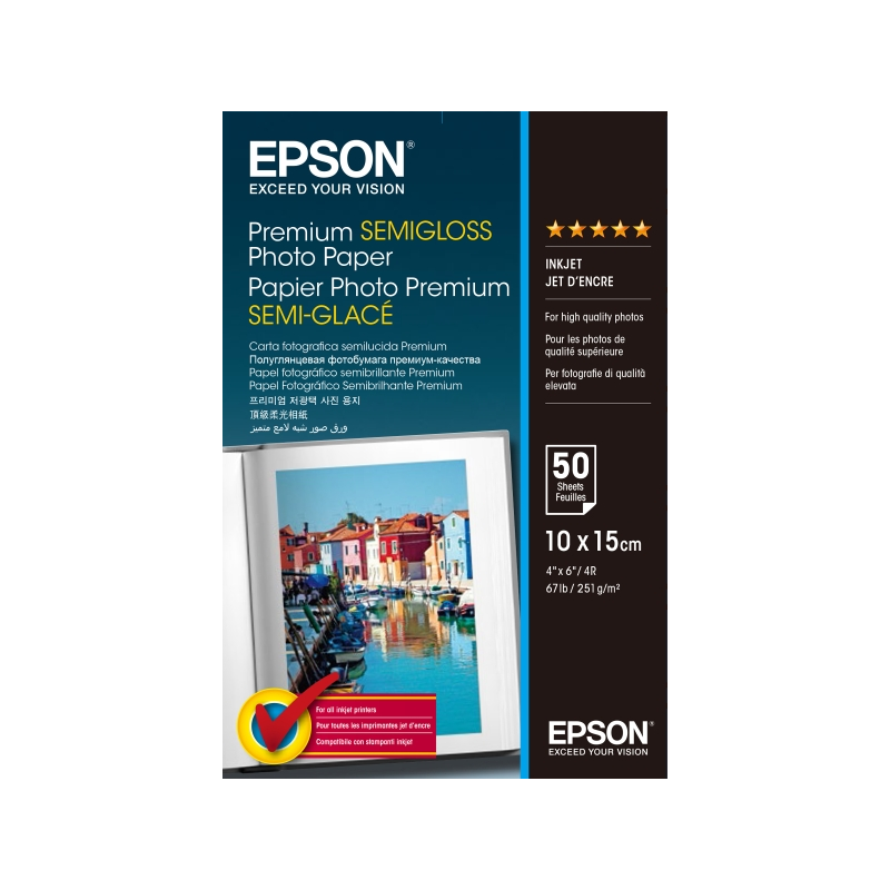 Epson Premium Semiglossy Photo Pack de 50 Hojas de Papel Fotografico - 10x15cm - Gramaje de 251g/m2 - Acabado Semibrillante - Co