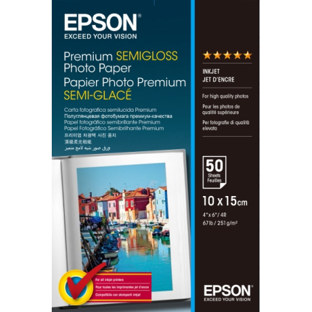 Epson Premium Semiglossy Photo Pack de 50 Hojas de Papel Fotografico - 10x15cm - Gramaje de 251g/m2 - Acabado Semibrillante - Co