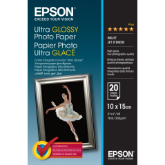 Epson Ultra Glossy Photo Pack de 20 Hojas de Papel Fotografico - 10x15cm - Gramaje de 300g/m2 - Acabado Brillante - Compatible c