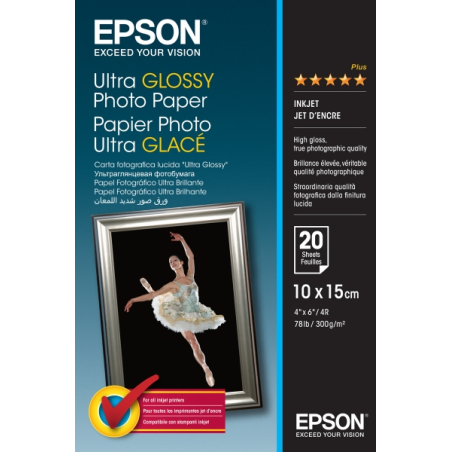 Epson Ultra Glossy Photo Pack de 20 Hojas de Papel Fotografico - 10x15cm - Gramaje de 300g/m2 - Acabado Brillante - Compatible c
