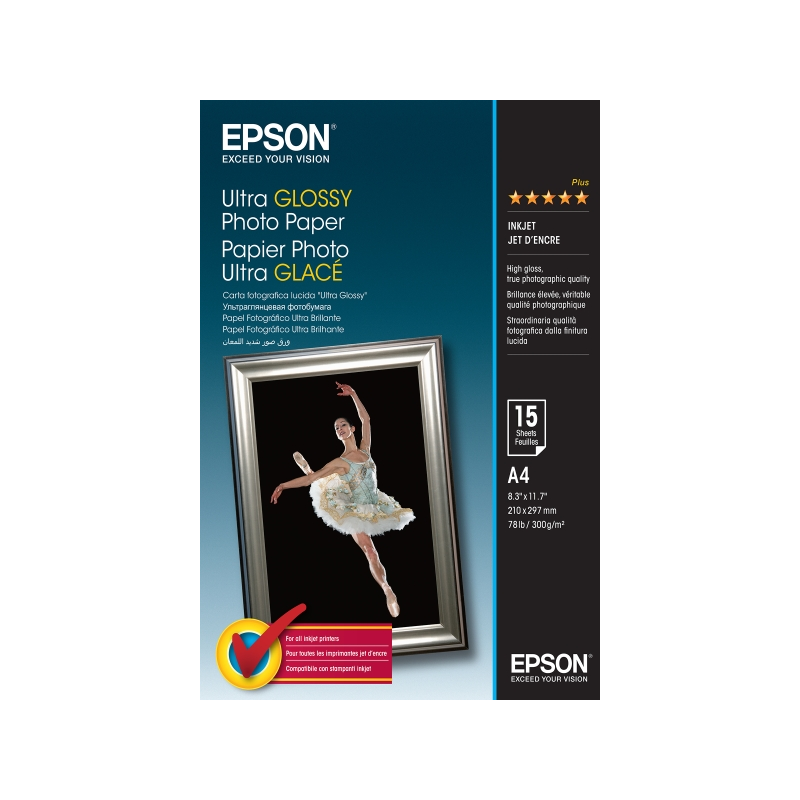 Epson Ultra Glossy Photo Pack de 15 Hojas de Papel Fotografico - A4 - Gramaje de 300g/m2 - Acabado Brillante - Compatible con Im