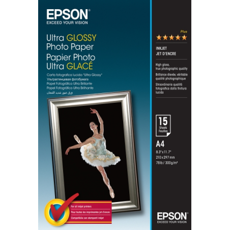 Epson Ultra Glossy Photo Pack de 15 Hojas de Papel Fotografico - A4 - Gramaje de 300g/m2 - Acabado Brillante - Compatible con Im