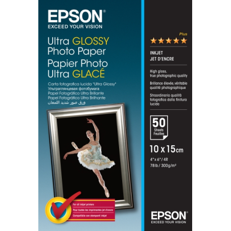 Epson Ultra Glossy Photo Pack de 50 Hojas de Papel Fotografico - 10x15cm - Gramaje de 300g/m2 - Acabado Brillante - Compatible c
