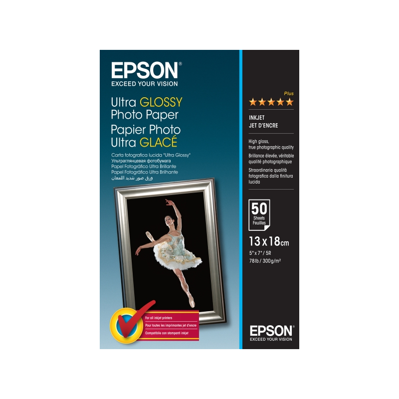 Epson Ultra Glossy Photo Pack de 50 Hojas de Papel Fotografico - 13x18cm - Gramaje de 300g/m2 - Acabado Brillante - Compatible c