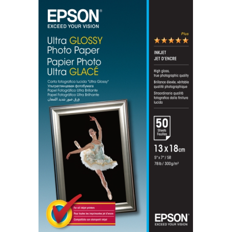 Epson Ultra Glossy Photo Pack de 50 Hojas de Papel Fotografico - 13x18cm - Gramaje de 300g/m2 - Acabado Brillante - Compatible c