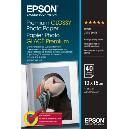 Epson Premium Glossy Photo Pack de 40 Hojas de Papel Fotografico - 10x15cm - Gramaje de 255g/m2 - Acabado Brillante - Compatible