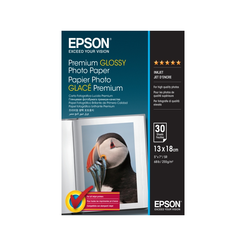 Epson Premium Glossy Photo Pack de 30 Hojas de Papel Fotografico - 13x18cm - Gramaje de 255g/m2 - Acabado Brillante - Compatible