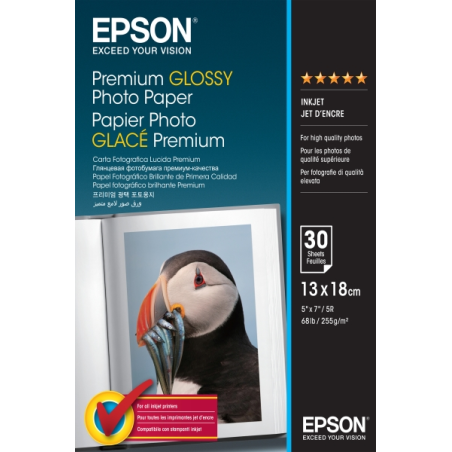 Epson Premium Glossy Photo Pack de 30 Hojas de Papel Fotografico - 13x18cm - Gramaje de 255g/m2 - Acabado Brillante - Compatible