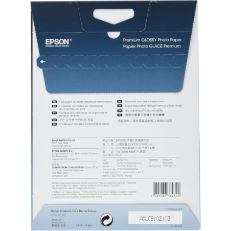 Epson Premium Glossy Photo Pack de 30 Hojas de Papel Fotografico - 13x18cm - Gramaje de 255g/m2 - Acabado Brillante - Compatible