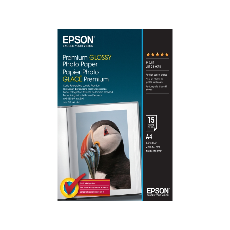 Epson Premium Glossy Photo Pack de 15 Hojas de Papel Fotografico - A4 - Gramaje de 255g/m2 - Acabado Brillante - Compatible con