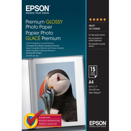 Epson Premium Glossy Photo Pack de 15 Hojas de Papel Fotografico - A4 - Gramaje de 255g/m2 - Acabado Brillante - Compatible con